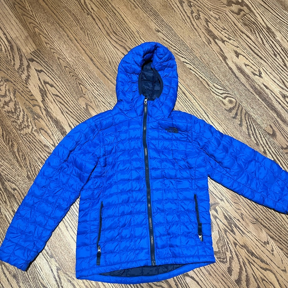 Blue North Face kids hooded down Jacket size 8-10